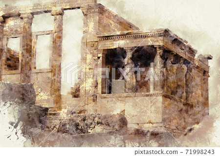 Temple Erechtheion with the famous porch of the caryatids instead of columns in the Acropolis Temple Erechtheion with the famous porch of the caryatids instead of columns in the Acropolis 71998243