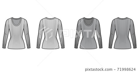 Ribbed scoop neck knit sweater technical fashion illustration with long sleeves, close-fitting shape, tunic length.  71998624