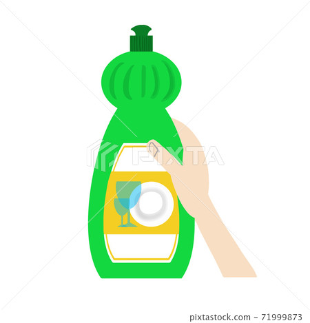 Illustration of dishwashing liquid and hand holding it 71999873