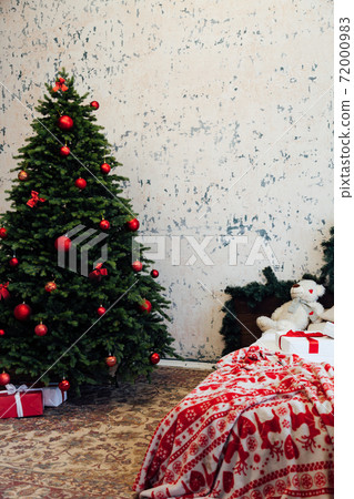 Christmas bedroom interior with bed Christmas tree presents new year as background Christmas bedroom interior with bed Christmas tree presents new year as background 72000983