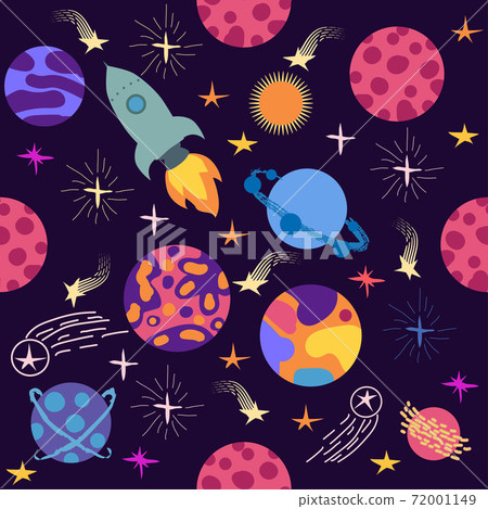 Seamless space pattern. Planets, rockets and stars. Cartoon spaceship icons. Kid's elements for scrap-booking. 72001149