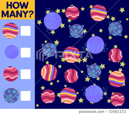 Counting Game for Preschool Children. Educational a mathematical game. Count how many space objects Counting Game for Preschool Children. Educational a mathematical game. Count how many space objects 72001172