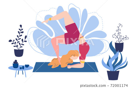 Relaxed young woman enjoying rest. Girl meditates. Trendy flat cartoon style. Meditation at Home 72001174