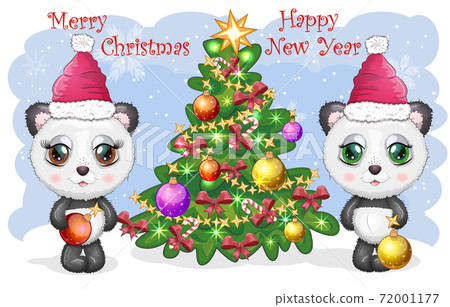 Couple Cute cartoon panda bear with big eyes in a red Santa Claus hat near the Christmas tree. New Year 72001177