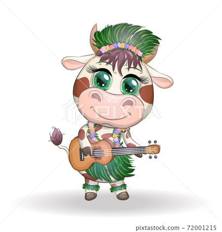 Cute cartoon bull, cow with beautiful eyes, Hawaiian hula dancer character with ukulele guitar among leaves, flowers. Chinese new year cute bull mascot Cute cartoon bull, cow with beautiful eyes, Hawaiian hula dancer character with ukulele guitar among leaves, flowers. Chinese new year cute bull mascot 72001215