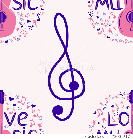 Love music seamless pattern with country guitar, music notes, treble clef, hearts, decorative elements. Love music seamless pattern with country guitar, music notes, treble clef, hearts, decorative elements. 72001217