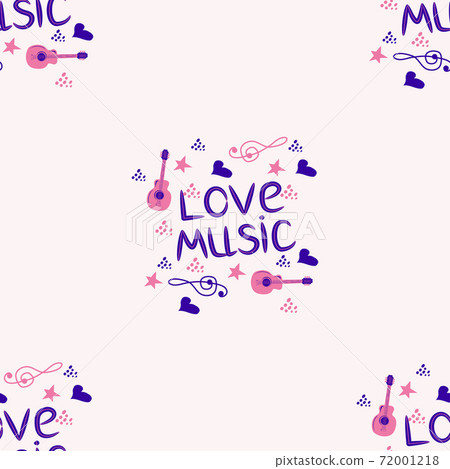 Love music seamless pattern with country guitar, music notes, treble clef, hearts, decorative elements. Love music seamless pattern with country guitar, music notes, treble clef, hearts, decorative elements. 72001218
