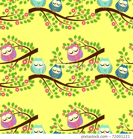 Cute colorful floral seamless pattern with owl... - Stock Illustration ...