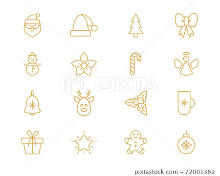 Christmas line art golden set. Outline design elements with snowflake, santa, star, christmas tree, ball, sock, gift box, candy cane, reindeer. Cute traditional Holiday icons. Vector illustration Christmas line art golden set. Outline design elements with snowflake, santa, star, christmas tree, ball, sock, gift box, candy cane, reindeer. Cute traditional Holiday icons. Vector illustration 72001369
