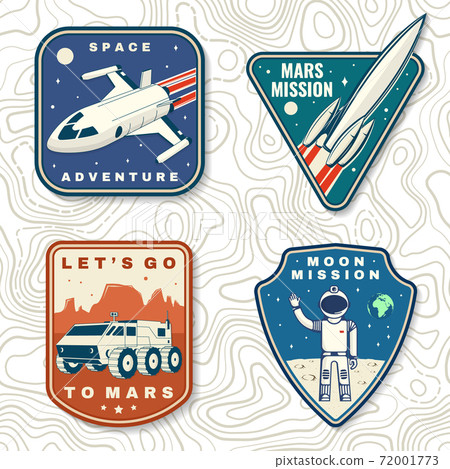 Set of space mission logo, badge, patch. Vector Concept for shirt, print, stamp, overlay or template. Vintage typography design with space rocket, astronaut on the moon and earth silhouette. Set of space mission logo, badge, patch. Vector Concept for shirt, print, stamp, overlay or template. Vintage typography design with space rocket, astronaut on the moon and earth silhouette. 72001773