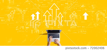 Rising arrow theme with person working with laptop Rising arrow theme with person working with laptop 72002406
