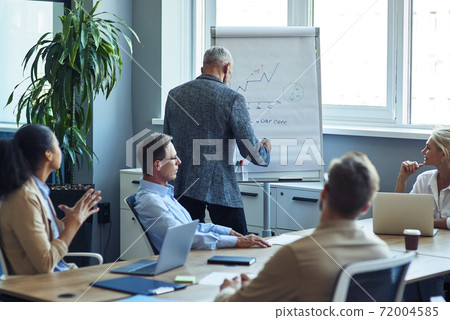 Mature businessman writing something on flipchart while having a meeting with multiracial colleagues in the modern office 72004585