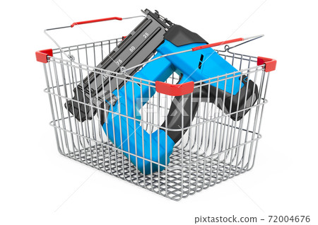 Shopping basket with electric brad nailer, 3D rendering Shopping basket with electric brad nailer, 3D rendering 72004676
