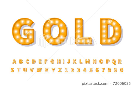 Gold 3d light bulb font. Retro style alphabet light typeface Gold 3d light bulb font. Retro style alphabet light typeface 72006025