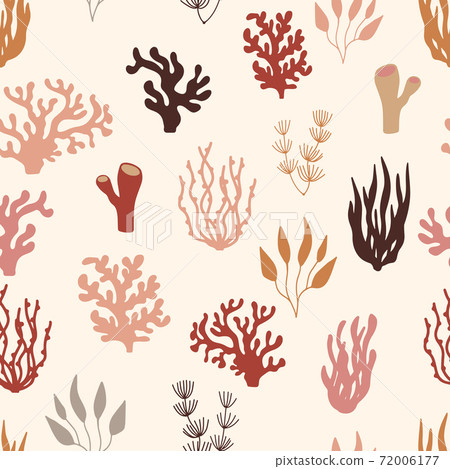 Seamless marine pattern of underwater plants and coral reefs. Terracotta nautical background with seaweeds in hand drawn sketch style 72006177