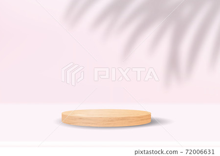 Realistic wooden podium on pastel pink background with tropical shadow overlay effect. Minimal scene with blank cylinder pedestal for product show. Luxury natural wood platform vector mockup Realistic wooden podium on pastel pink background with tropical shadow overlay effect. Minimal scene with blank cylinder pedestal for product show. Luxury natural wood platform vector mockup 72006631