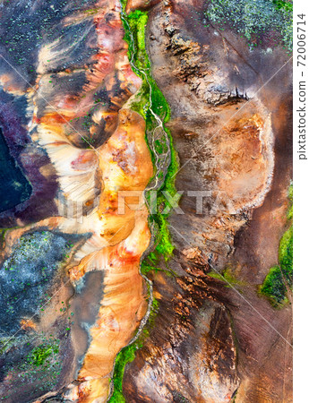 Aerial view on Iceland. Aerial landscape above geysers valley. Icelandic landscape from air. 72006714