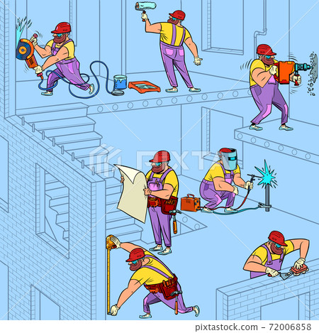 Construction. Many workers of different specialties Construction. Many workers of different specialties 72006858
