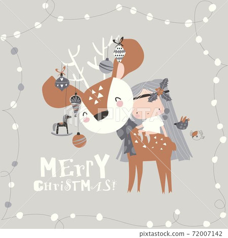 Beautiful cartoon girl with cute deer.Best friends 72007142