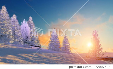 Winter landscape with snowy firs at sunset 3D Winter landscape with snowy firs at sunset 3D 72007698