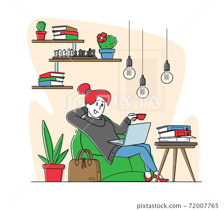 Female Character Relaxing in Office Lounge Zone. Remote Freelance Work or Coworking Area Concept. Freelancer Working Female Character Relaxing in Office Lounge Zone. Remote Freelance Work or Coworking Area Concept. Freelancer Working 72007765