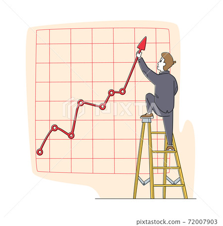 Businessman Character Stand on Ladder Directing Huge Growing Arrow Up. Business Chart Growth Curve on Coordinate System 72007903