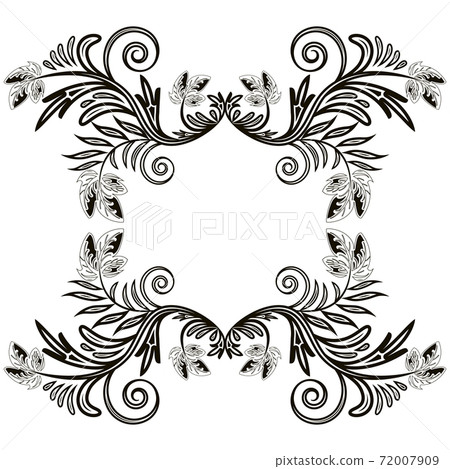Monochrome frame of leaves and curls. Sample template design for an invitation or greeting card. 72007909