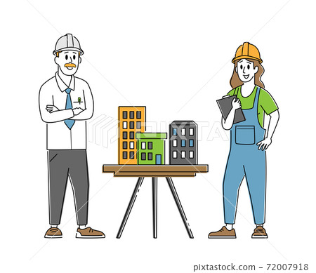 Architect, Builder Engineer Character Presenting Model of House Mock Up to Foreman. Building or Engineering Construction Architect, Builder Engineer Character Presenting Model of House Mock Up to Foreman. Building or Engineering Construction 72007918