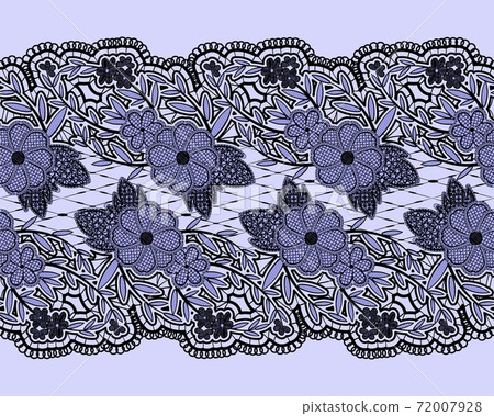 Seamless lace blue textured ribbon. Horizontal pattern of a mesh of flowers and leaves. 72007928