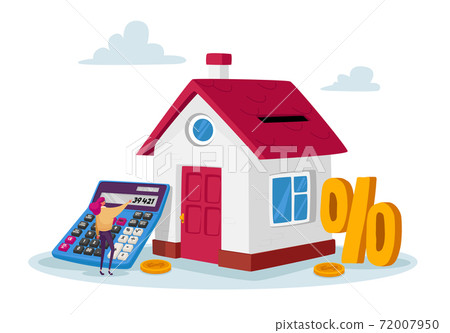 Mortgage and Home Buying Concept. Tiny Female Character with Huge Calculator and Percent Symbol at House with Gold Coins 72007950