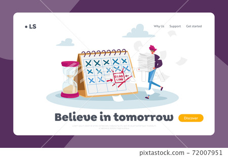 Deadline Landing Page Template. Tiny Stressed Businessman Character with Documents Pile at Huge Calendar Make Paperwork 72007951