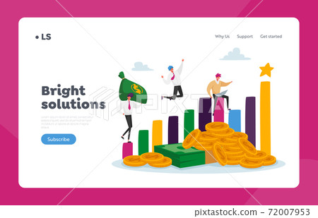 Profitable Investments Landing Page Template. Joyful Business Men Characters at Huge Growing Column Graph with Money 72007953