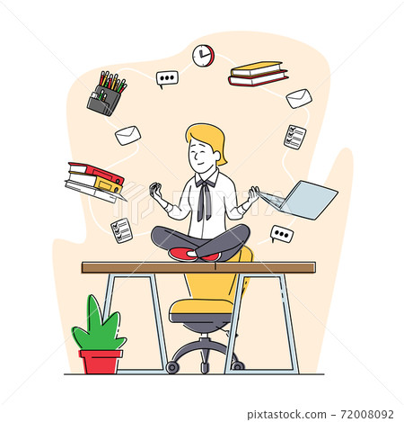 Relaxed Businesswoman Doing Yoga Meditation in Lotus Pose in Office Workplace Sit at Desk with Flying Stationery in Air 72008092