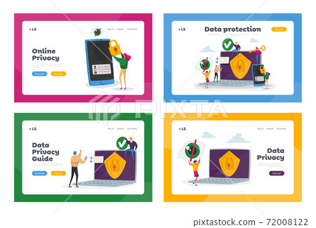 Privacy Data Protection in Internet, Virtual Private Network Landing Page Template Set. Tiny Characters at Huge Laptop 72008122
