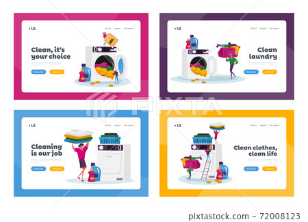 Tiny Characters Visiting Laundry Landing Page Template Set. People Loading Dirty Clothes to Washing Machine, Service 72008123