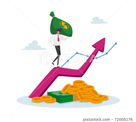 Income Growth, Business Man in Formal Clothing with Money Sack Climbing on Growing Arrow with Coins and Banknotes Below 72008176