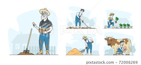 Set People Doing Farming Job and Care Domestic Animals, Milking Cow, Prepare Hay for Livestock. Male and Female Farmers Set People Doing Farming Job and Care Domestic Animals, Milking Cow, Prepare Hay for Livestock. Male and Female Farmers 72008269