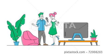 Cheerful Couple Characters Singing Karaoke Song Stand with Microphones in Living Room with Tv Set. Weekend Sparetime 72008283