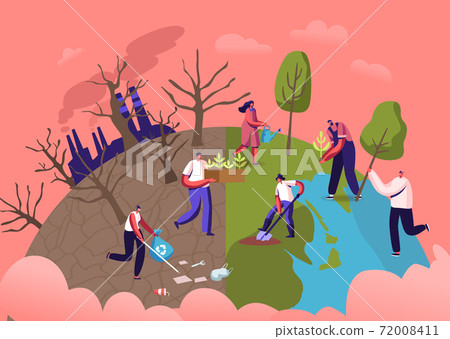 Reforestation and Revegetation Eco Concept. Characters Pick Up Trash, Planting Seedlings and Trees into Soil in Garden 72008411