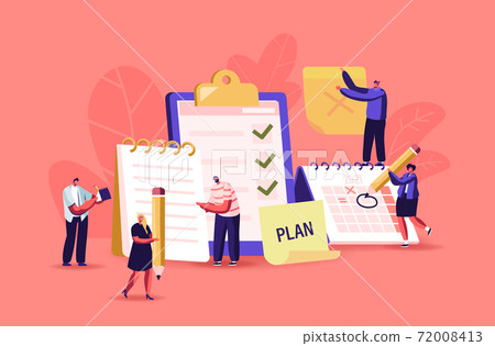 Scheduling, Planning, Inspiration and Creative Process Concept. Business Characters Stand at Huge Clipboard Make Notes 72008413