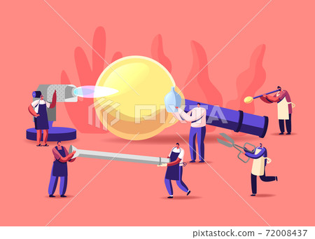 Glassblowing, Glass Decor Producing Concept. Tiny Characters with Huge Tools and Instruments Create Beautiful Glasswork 72008437