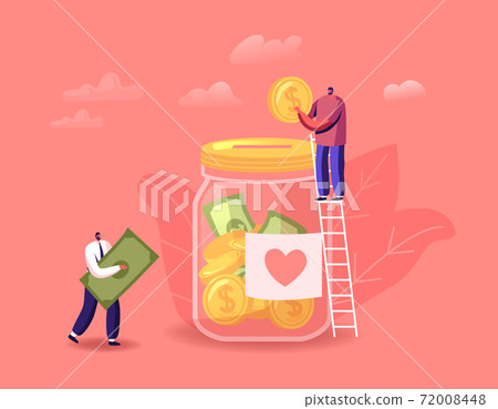 Donation, Volunteers Charity Concept. Tiny Male Characters Stand on Ladder Throw Coins and Bills into Huge Glass Jar Donation, Volunteers Charity Concept. Tiny Male Characters Stand on Ladder Throw Coins and Bills into Huge Glass Jar 72008448