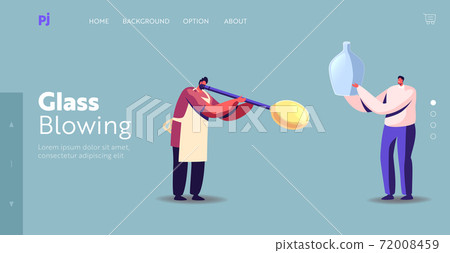 Glassblowing Antique Craftsmanship Landing Page Template. Tiny Glassblower Male Character Blowing Huge Glass Bubble 72008459