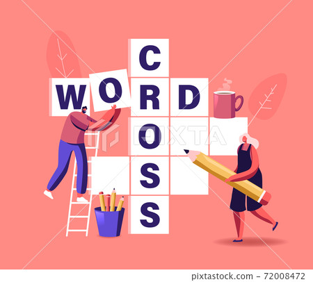 Spare Time Brain Training, Puzzle Solving Concept. Tiny Characters Solve Huge Crossword Filling Empty Boxes with Letters 72008472