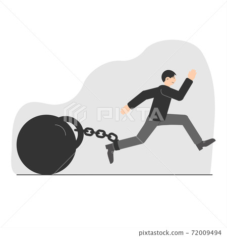 A young man tries to escape with a huge weight on a chain. A symbol of limiting beliefs. Life restrictions. Vector illustration A young man tries to escape with a huge weight on a chain. A symbol of limiting beliefs. Life restrictions. Vector illustration 72009494