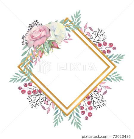 White and pink roses flowers, green leaves, berries in a gold diamond-shaped frame. Watercolor illustration 72010485