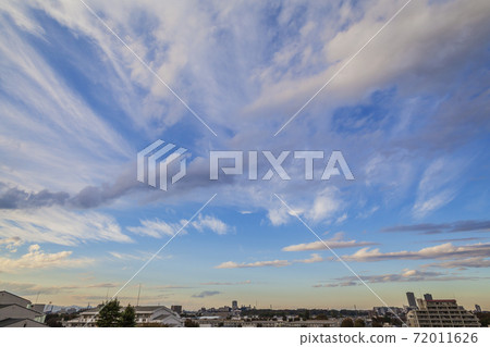 Blue sky, sunset, white clouds, sunny, twilight, orange Blue sky, sunset, white clouds, sunny, twilight, orange 72011626
