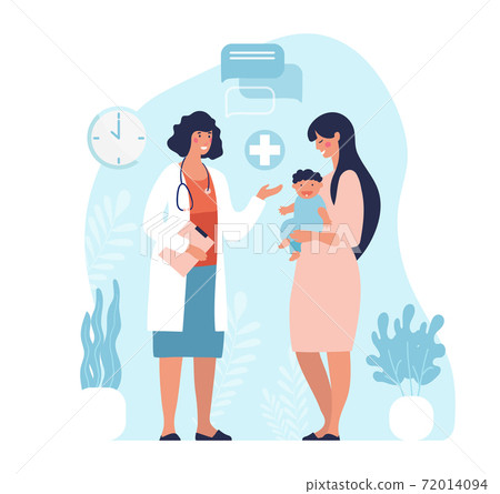Mom and child are examined by a pediatrician, neonatologist. Medical appointment in the specialist s office. Clipart for design. Flat vector illustration isolated on white. 72014094
