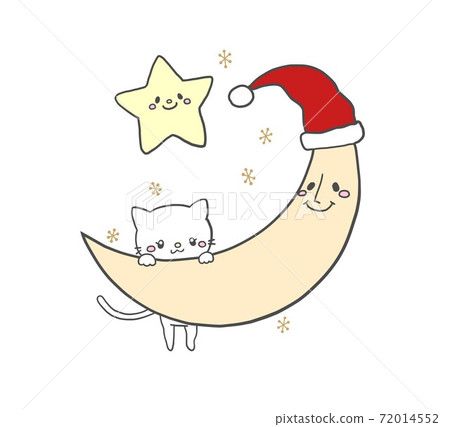 Cute hand-painted Christmas illustrations of the moon, stars and white cat in Santa hat Cute hand-painted Christmas illustrations of the moon, stars and white cat in Santa hat 72014552