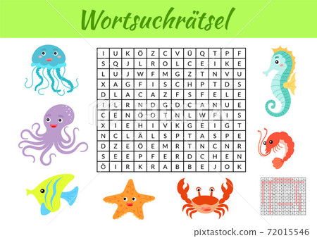 Word search puzzle. Kids activity worksheet colorful printable version. Educational game for study German words. Includes answers. Vector stock illustration 72015546